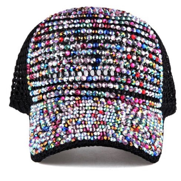 C0485 Black Rhinestone Bling Sparkle Mesh Hat Cap - Picture 2 of 5
